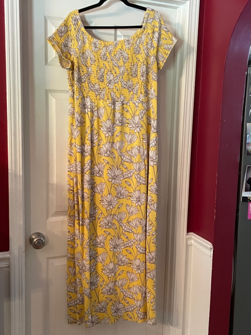 Smocked Yellow & White Maxi Dress with Floral Trim